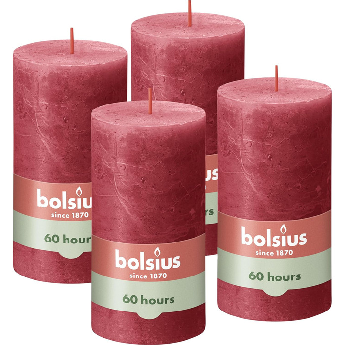 Свічки Bolsius Rustic Pillar - Оливково-зелені - Набір з 4 шт. - Декоративні побутові свічки - Час горіння 60 годин - Без запаху - Натуральний рослинний віск - Без пальмової олії - Оливково-зелені (13 x 7 см, червоні)