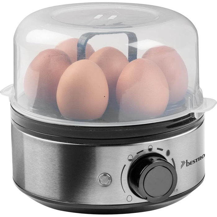 Яйцеварка Bestron на 7 яєць, з звуковим сигналом і захистом від сухого ходу, плавним регулюванням твердості для трьох ступенів, в т.ч. мірний стакан і яйцесборнік, колір чорний/ (сріблястий)