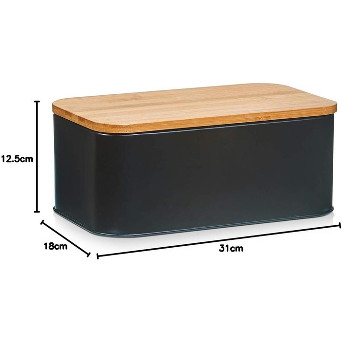 Хлібниця Zeller 25377 з бамбуковою кришкою, металева, матова, приблизно 42,5 x 23 x 13 см, хлібниця з вентиляційними отворами, для зберігання хліба, прямокутний контейнер для хліба, проста хлібниця в сучасному дизайні (чорна, 31 x 18 x 12,5 см)