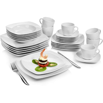 ПЕВЕЦ Набор тарелок Striking 18 предм, набор фарфоровой посуды на 6 персон, сейф для посудомоечной машины, столовая посуда с обеденными тарелками и глубокими тарелками, квадратная посуда белая, столовый сервиз современный (комбинированный сервиз 30 шт.)
