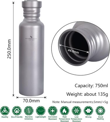 Титановая бутылка для питья с широким горлом и герметичной крышкой и крючком 750 мл. iBasingo