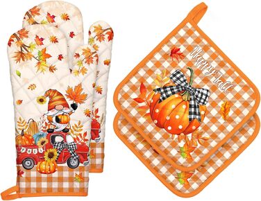 Набір з 2 кухонних рукавичок та підставок для каструль Arquiel Gnome Autumn Orange Checked, 100 бавовняні кулінарні рукавички, термостійкі кухонні рукавички для приготування їжі, осінній декор, подарунки для жінок (Gnome 01, 2 кухонні рукавички 2 підставк