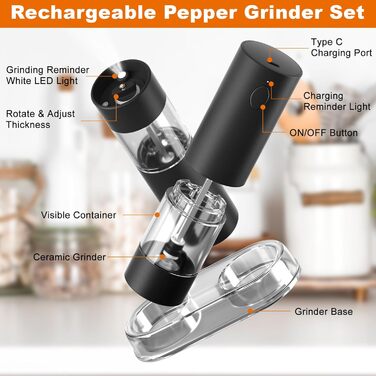 Набір із 2 електричних млинів солі та перцю на підставці, з USB-акумулятором, чорний Cokunst