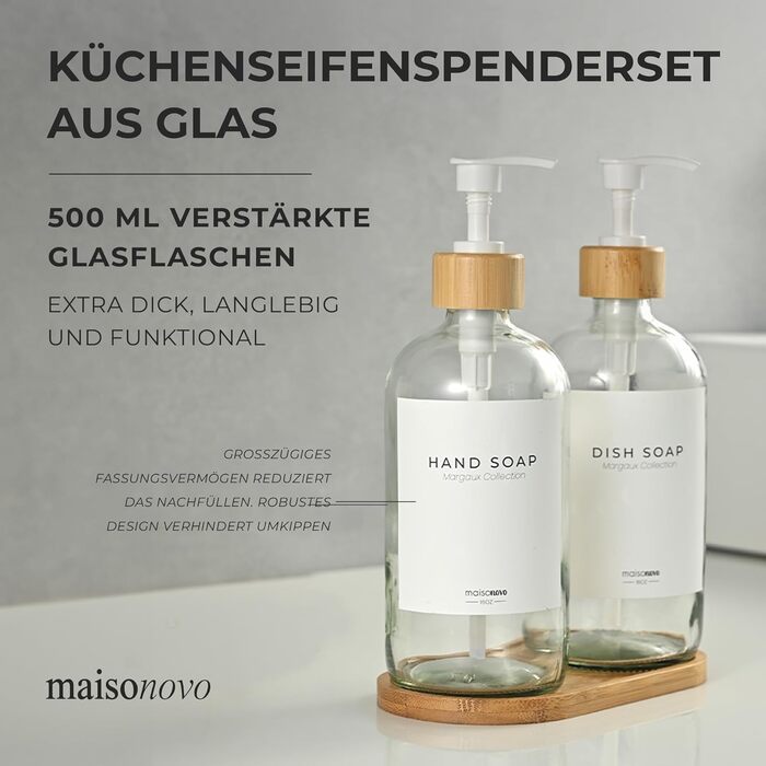 Диспенсер для мила 500 мл, набір 2 предмети на бамбуковій підставці, прозоре скло MaisoNovo