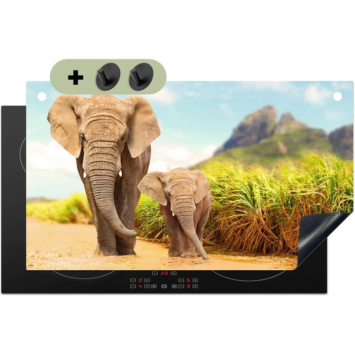 Фартух для плити, кухонний фартух, вініл, 78x52 см, декор для кухні, облицювання стіни, кришка для плити - сіро-чорна (слони - тварини, 52,7Д x 91,6Ш см)