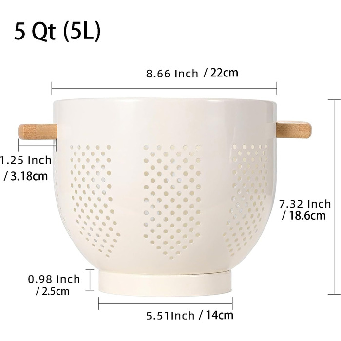 Металеве сито для пасти з дерев&39яною ручкою та стабільною основою, велике кухонне сито 22 см для пасти, овочів та фруктів, міцне кухонне сито (кремового кольору)