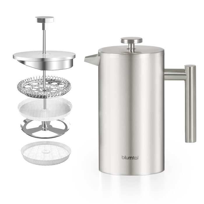 Френч-прес Blumtal з нержавіючої сталі 350 мл (2 чашки) - Двостінна ізольована термокавоварка з мірною шкалою, включаючи змінний фільтр та інструкцію, можна мити в посудомийній машині, доступна в 3 розмірах. Місткість кави 350 мл
