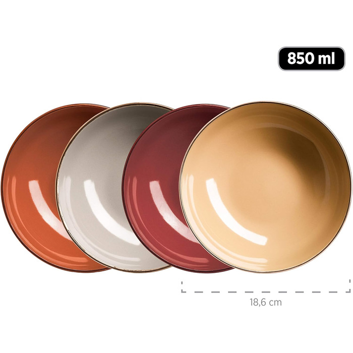 Сучасний набір посуду для 4 осіб з обідком латунного кольору, комбінований набір із 16 предметів з купе без обідка, барвистий, керамограніт, природа, 931871 Metallic Rim