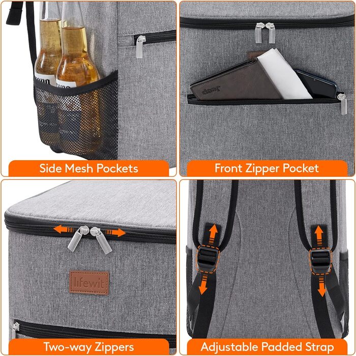 Рюкзак-холодильник Рюкзак-холодильник Сумка-холодильник Сумка для пикника Большая изолированная сумка-холодильник Мужчины Женщины Для Пляжа / Пикника / Кемпинга / Барбекю / Пеших прогулок, Серый, 24L Cool