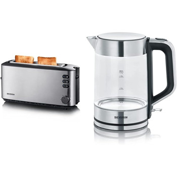 Стеклянный чайник SEVERIN с обемом наполнения 1,7 л XXL, мощный и компактный чайник в высококачественном дизайне, электрический чайник с фильтром известкового налета, 2200 Вт, стекло из нержавеющей стали, WK 3420 (в комплекте с автоматическим тостером с д