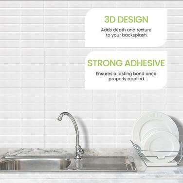 Елементна 3D самоклеюча плитка для кухонного фартуха з товстішою клейкою плиткою 2,5 мм (30,5 x 30,5 см) (біла), 10-