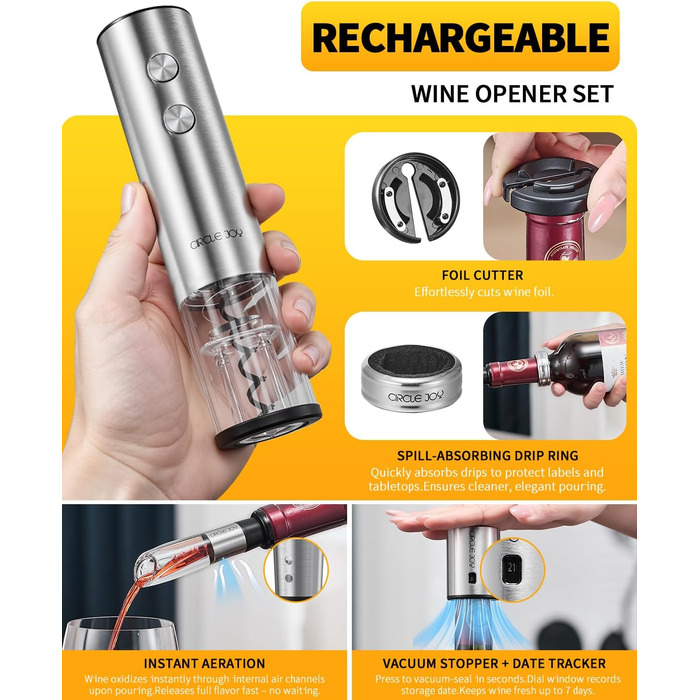 Електричний акумуляторний відкривач для вина з ножем для фольги 5-в-1 CIRCLE JOY