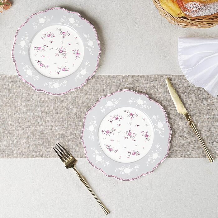 Набір обідніх тарілок fanquare з 4 білих порцелянових тарілок, Ø 275 мм, плоскі тарілки, королівський вінтаж, рожевий квітковий набір посуду для кейтерингу та домашнього використання, обідня тарілка 10,8 дюйма (десертна тарілка 8,2 дюйма)