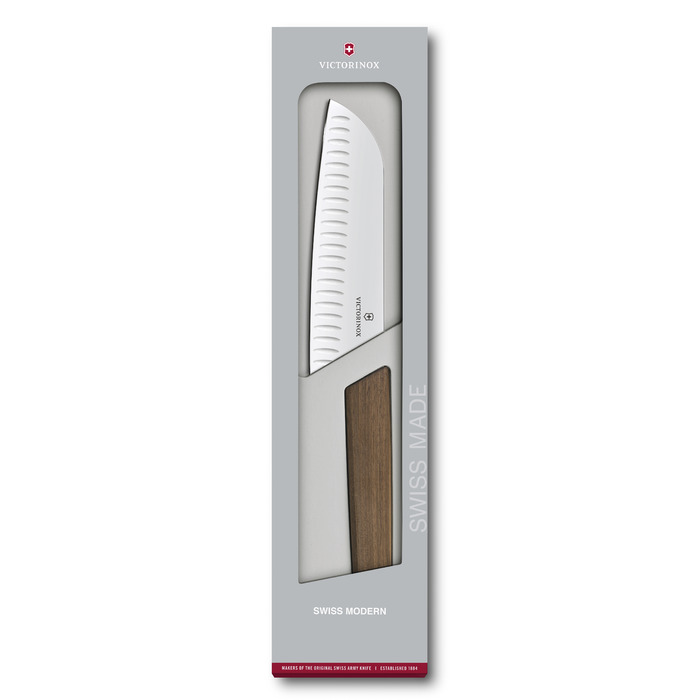 Кухонный нож Victorinox Swiss Modern Santoku лезвие 17см рифф. с грецким орехом. с ручкой в подарочной упаковке.