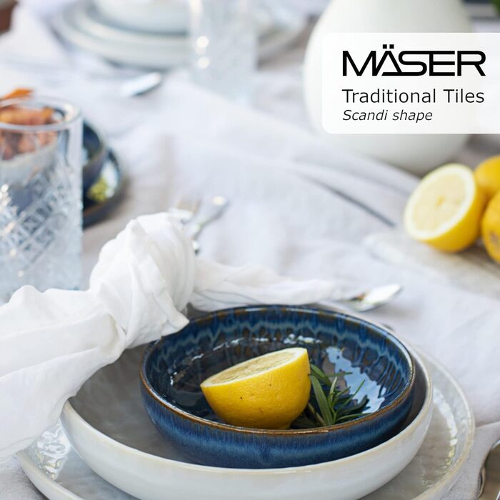 Сучасний вінтажний набір посуду на 2 персони в мавританському дизайні, столовий сервіз з 8 предметів з тарілками та мисками з високоякісної кераміки, керамограніту, (скандинавська форма, синій), 935079 Series Tiles