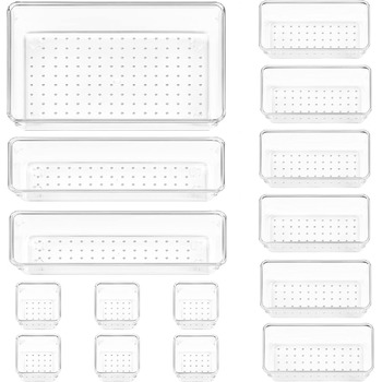 Система организации выдвижных ящиков с 4 размерами, органайзер для ящиков, прозрачный пластиковый органайзер для ящика, органайзер для туалетного столика Можно использовать для органайзера для макияжа, кухни, ванной комнаты, офиса, 15 шт.