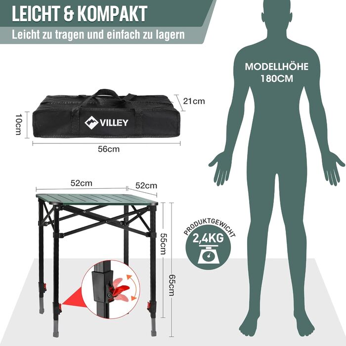 Алюминиевый раскладной стол для кемпинга 52 х 52 х 65 см VILLEY