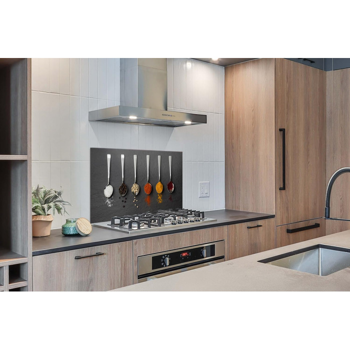 Кухонна панель для фартуха, бризкозахисна панель для кухні, алюмінієва панель, бризкозахисна панель для плити, альтернатива скляній панелі, чорна - з малюнком - суцільна - чорна - темна - (ложка для спецій, 100x65 см)