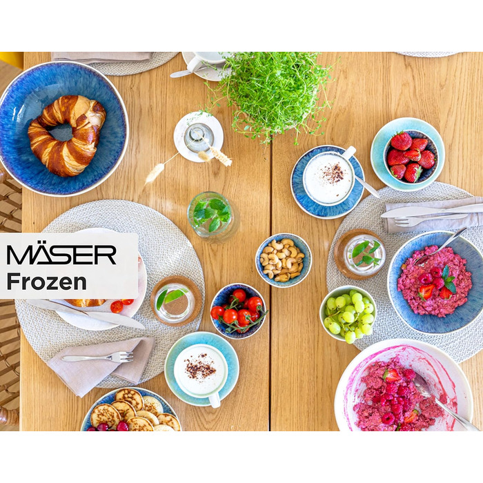 Набір мисок MSER Frozen з 9 предметів з красивої кераміки, 1 салатниця, 4 раменні та 4 миски для занурення, органічні форми у вінтажному вигляді, глазуровані вручну, керамограніт, синій, 26