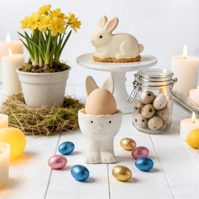 Набір із 2 порцелянових стаканчиків для яєць на Великдень, керамічні стаканчики для яєць у формі кролика, кумедні тарілки у формі пасхальних яєць-зайчиків, можна мити в посудомийній машині, підставка для варених яєць, великодні подарунки (A білий)