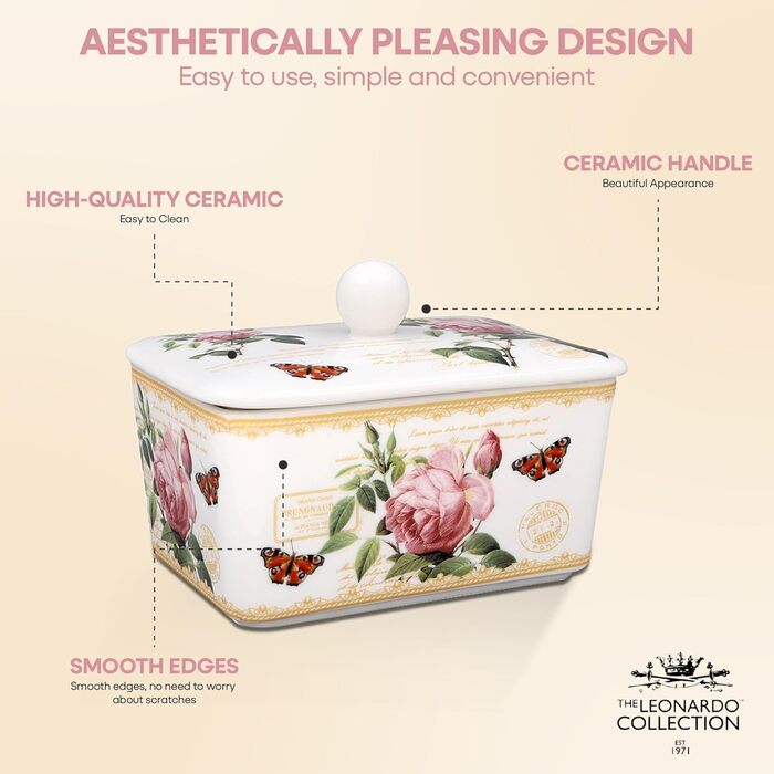 Маслянка з кришкою, китайська кераміка, з гарними акварельними мотивами, розроблена галереєю Дженніфер Роуз для Busy Bee (Redoute Rose)