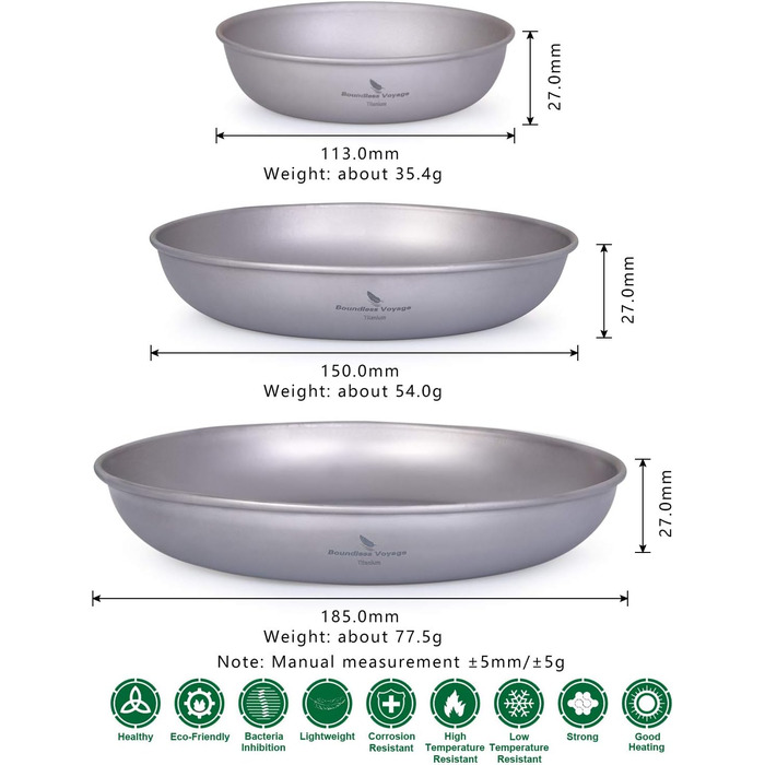 Безграничный Voyage Сверхлегкий кемпинг Титановая сковорода Посуда Тарелка с сумкой для переноски Наружная титановая посуда и измерительный набор (Ti15139B)