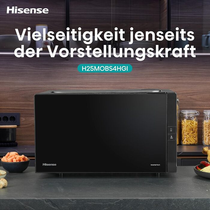 Мікрохвильова піч Hisense H20MOBP1HI / 700 Вт / InverterTech / Керамічне покриття / Преміальне скло / Виготовлена на замовлення, багатофазне приготування / Функція розморожування / 5 рівнів потужності / Блокування від дітей / Чорна (25 л, цифрове керуванн