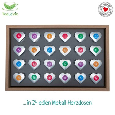 Чайний адвент-календар 2025, 24 сорти чаю в бляшанках у формі сердечок TeaLaVie