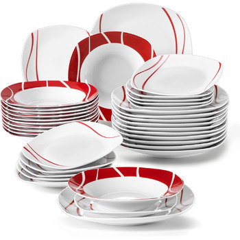 Серия Felisa, 24 предмета Сервиз фарфоровый столовый сервиз с 6 плоскими тарелками, 6 тарелками для тортов, 6 суповыми тарелками и 6 мисками на 6 человек (36 шт. столового сервиза)
