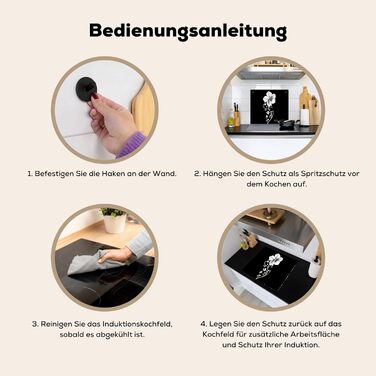 Фартух для плити, кухонний фартух, вініл, 78x52 см, декор для кухні, облицювання стіни, кришка для плити - сіро-чорна (квітка - чорна, 52Д x 60Ш см)