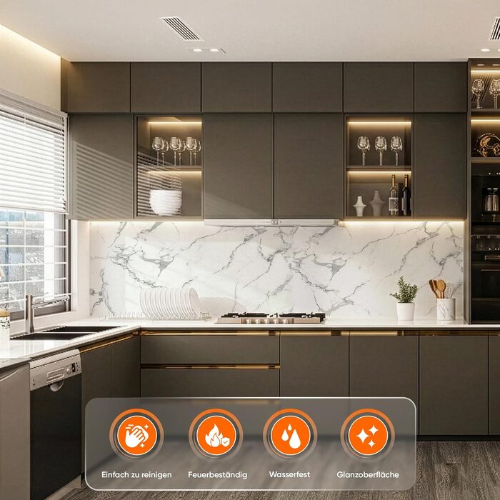 Стінові панелі IZODEKOR під мармур 60x120 см Панель для кухонного фартуха ПВХ-облицювання стін для кухні, ванної кімнати Бризкозахисний екран для кухні Водонепроникний та термостійкий (4 панелі 4 монтажних клею, Carrara)