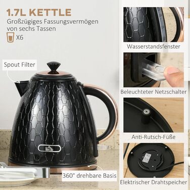 Набір тостерів HOMCOM Kettle об&39ємом 1,7 л з 4 скибочками тосту, набір для сніданку з 7 рівнями підрум&39янення, автоматичним вимкненням, функцією розморожування та розігріву та піддоном для крихт, (чорний)