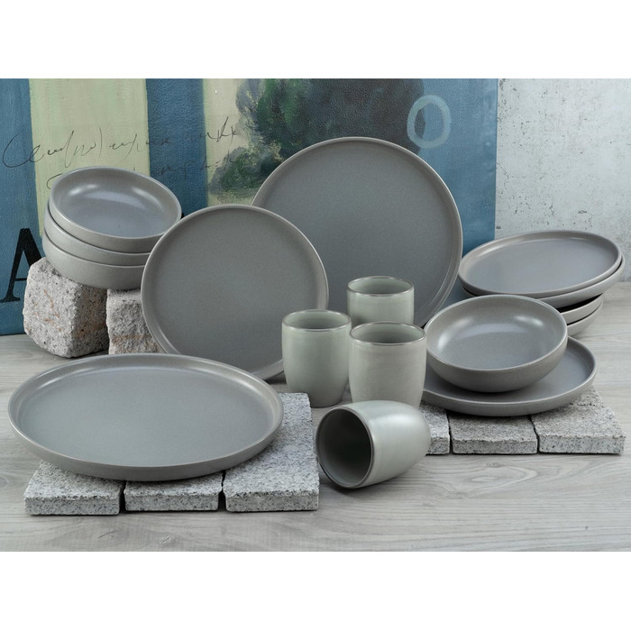 Набір посуду серії Uno з 16 предметів, комбінований набір з керамограніту (сірий, комбінований набір із 16 предметів), 22978