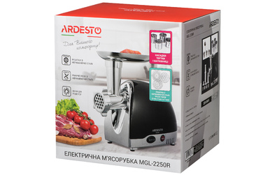 ARDESTO Мясорубка, 1800Вт, продук.-2кг/мин, 3 решетки + для ковб., кеббе, 4 терки, пластик, черно-серебристый