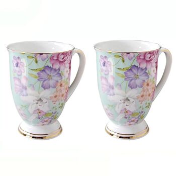 Набір із 2 порцелянових кавових кухлів, квітковий візерунок, 300 мл, кістоподібні, у формі підборіддя, з ручкою для кави, чаю, молока, капучино (C)