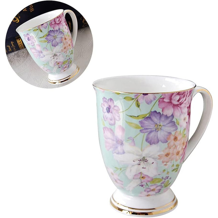 Набір із 2 порцелянових кавових кухлів, квітковий візерунок, 300 мл, кістоподібні, у формі підборіддя, з ручкою для кави, чаю, молока, капучино (C)