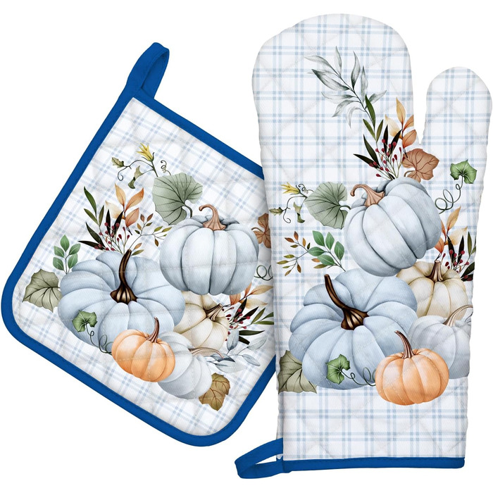 Набір з 2 кухонних рукавичок Arquiel з тримачем для каструлі Gnome Autumn Orange Checked, 100 бавовняні кулінарні рукавички, термостійкі кухонні рукавички для приготування їжі, осінній декор, подарунки для жінок (осінній гарбуз, духовка тримач для каструл
