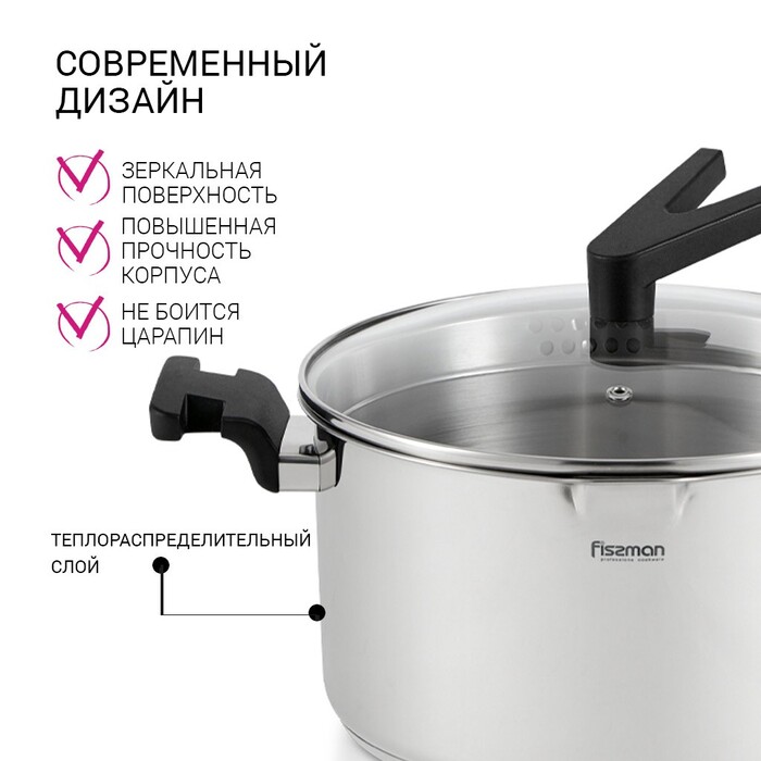 Кастрюля Fissman ELIZ 20x11 см/3,3л. со стеклянной крышкой нерж. сталь (5318)
