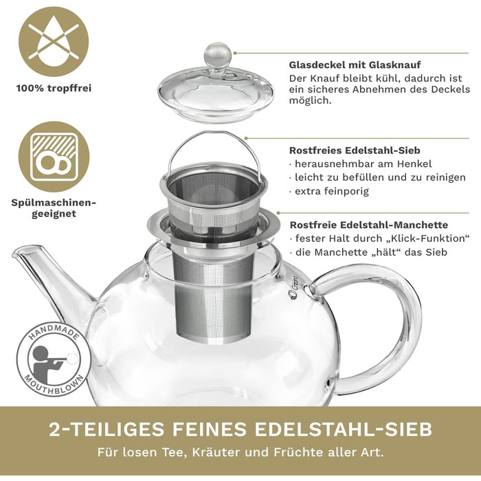 Скляний чайник Creano Glass Teapot з 3 частин із вбудованим ситечком з нержавіючої сталі та скляною кришкою, ідеально підходить для приготування сипучих чаїв, без крапель, моноблок (1,2 л)