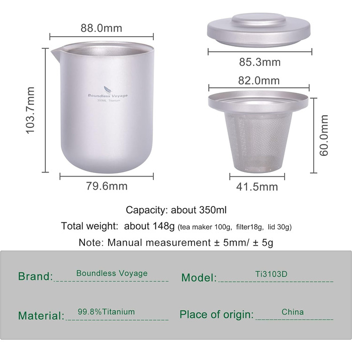 Чай iBasingo для одного набору Титановий чайник для подорожей на відкритому повітрі зі вставкою Кемпінг Портативний китайський чайний набір кунг-фу Двошарова чайниця з ситечком для чаю та 3 міні-чашки 40 мл Ti3105D (Ti3103d Чайник з фільтром)