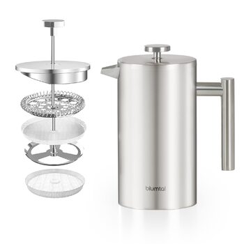 Френч-прес Blumtal з нержавіючої сталі 350 мл (2 чашки) - Двостінна ізольована термокавоварка з мірною шкалою, включаючи змінний фільтр та інструкцію, можна мити в посудомийній машині, доступна в 3 розмірах. Місткість кави 350 мл
