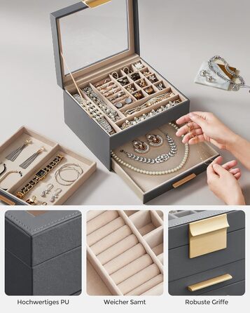 Шкатулка органайзер для ювелирных изделий 3-уровневая темно-серый SONGMICS