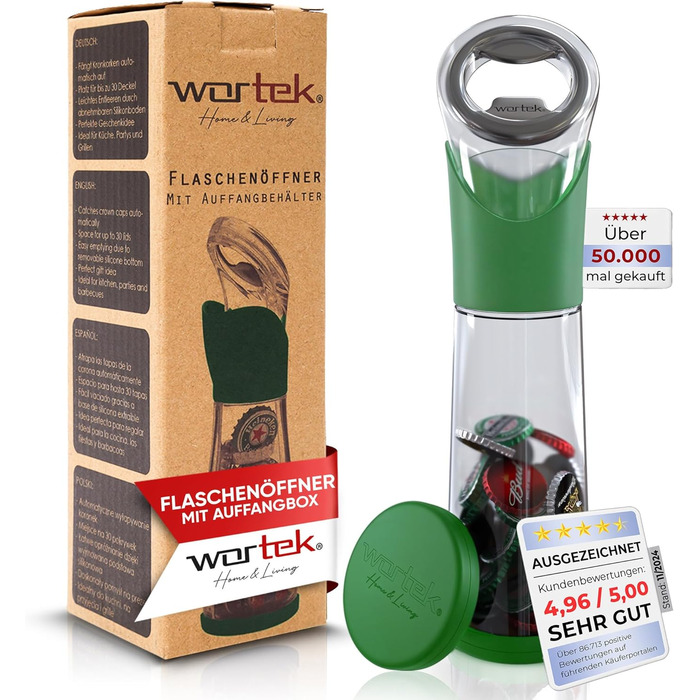 Відкривачка для пляшок з контейнером для кришечок зелена wortek