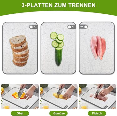 Набір обробних дощок BOCHION, пластикові дошки з іконками продуктів та піддоном, нековзні та без BPA, антибактеріальні дошки для риби, овочів, фруктів, мяса, хліба (набір з 3 шт., білі)