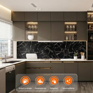 Стінові панелі IZODEKOR під мармур 60x120 см Панель для кухонного фартуха ПВХ-облицювання стін для кухні, ванної кімнати Бризкозахисний екран для кухні Водонепроникний та термостійкий (4 панелі 4 монтажних клею, чорно-білий)