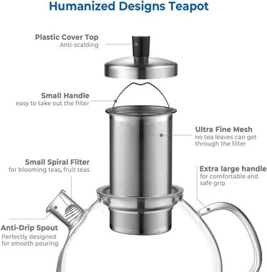 Скляний чайник з ситечком для чаю 1500 мл, скляний чайник, прозорий, термостійкий, зі знімним ситечком для чаю з нержавіючої сталі, для чорного чаю, зеленого чаю, ароматизованого фруктового чаю типу 1 срібло (1000 мл, тип 4 срібло-1000 мл)