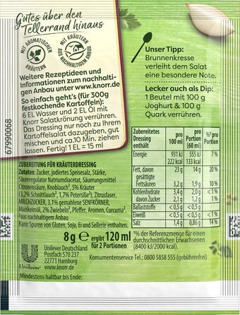 Заправка для салату Knorr з кроповими травами для смачної заправки для салату з натуральними інгредієнтами* 5 x 3 порції 15 шматочків кропової зелені (картопляний салат, 40 г (15 шт. у упаковці))