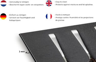 Кухонна панель для фартуха, бризкозахисна панель для кухні, алюмінієва панель, бризкозахисна панель для плити, альтернатива скляній панелі, чорна - з малюнком - суцільна - чорна - темна - (ложка для спецій, 100x65 см)