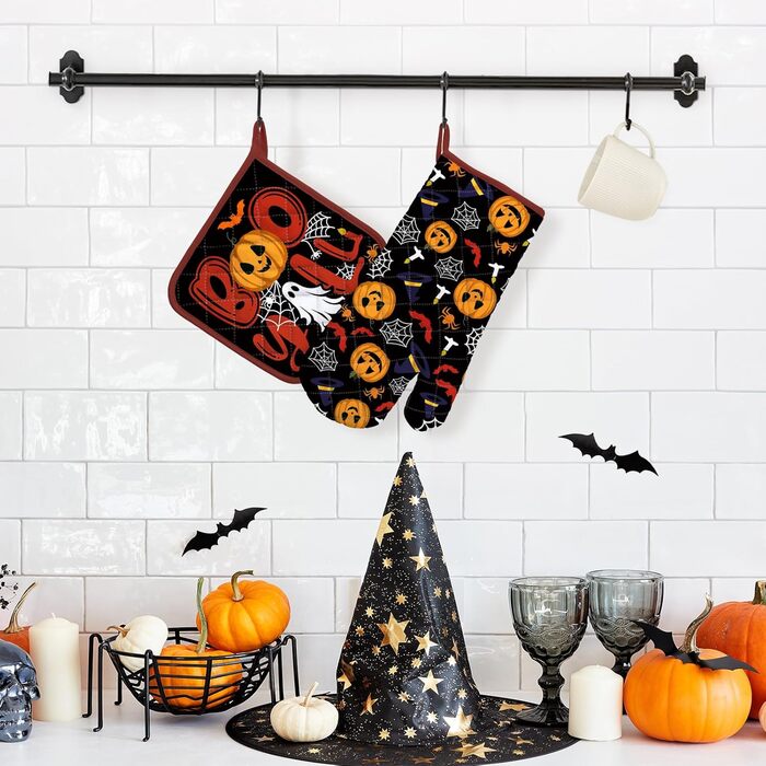 Набір з 2 кухонних рукавичок та тримачів для каструль Arquiel Gnome Autumn Orange Checked, 100 бавовняні кулінарні рукавички, термостійкі кухонні рукавички для приготування їжі, осінній декор, подарунки на кухню для жінок (Хелловін, духовка тримач для кас