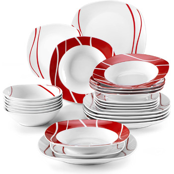 Серия Felisa, 24 предмета Набор фарфорового столового сервиза с 6 плоскими тарелками, 6 тарелками для тортов, 6 суповыми тарелками и 6 мисками на 6 персон Сервиз из 24 блюд с мисками